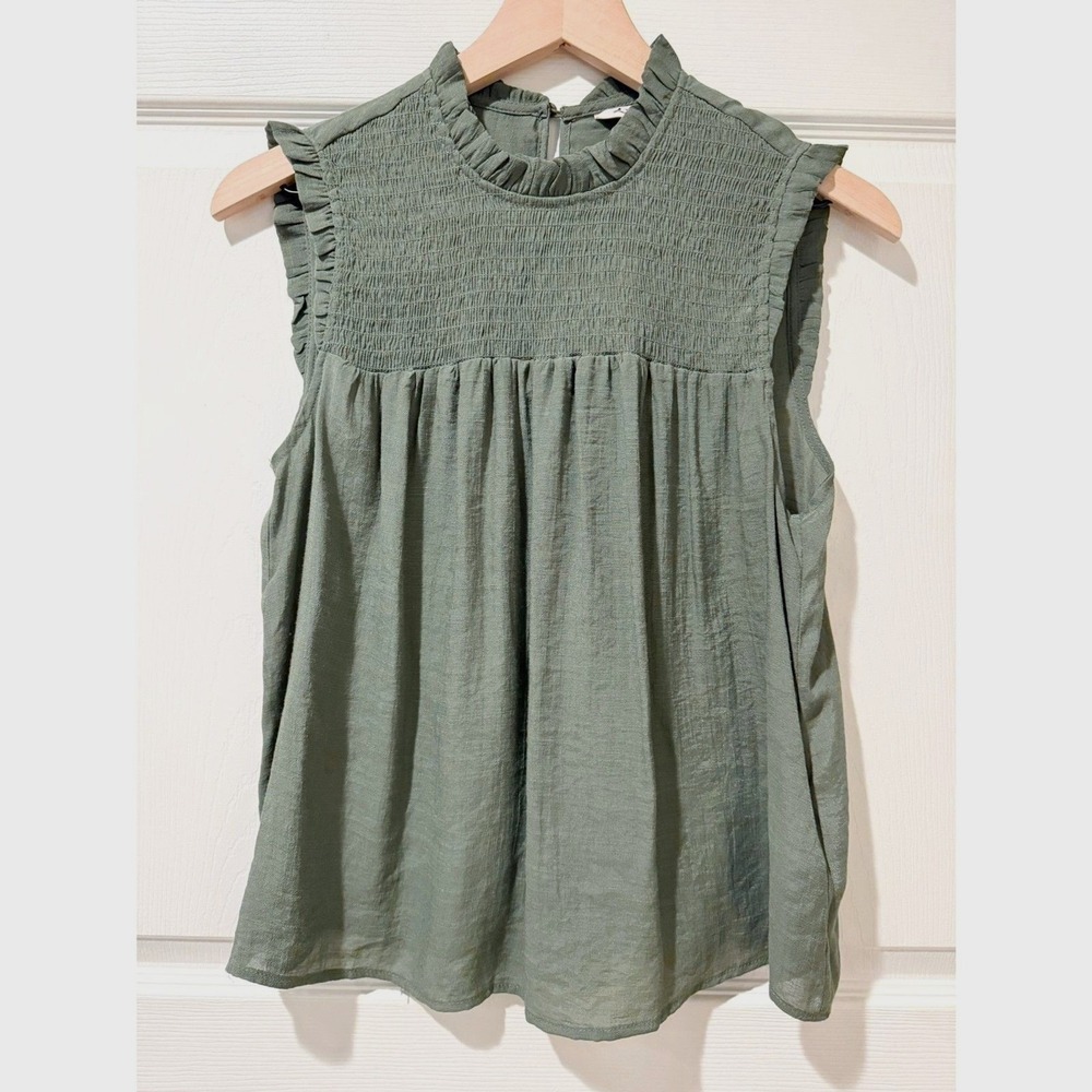 Nanette Lepore Smocked Sleeveless Lettuce Edge Boho Top Blouse Olive Green M